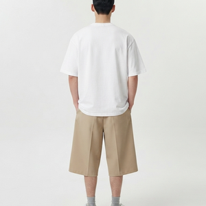 Men's <b>White</b> Crew Neck T-Shirt With Beige Pleated Shorts Set Loose Fit 100% Cotton Summer Casual Minimalist Style <b>Tracksuits</b> - Product Image 2