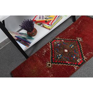 พรมวินเทจตุรกี ขนาด 1.4x3.37 ฟุต (43x103 ซม.) พรมขนสัตว์สีแดง - Product Image 1