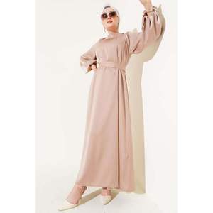 Robe De Soirée Ceinturée En Satin À Manches Ballon Beige - Product Image 4