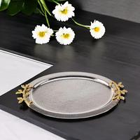 Vente en gros plateau exclusif en acier inoxydable poignée feuille d'or assiette de service en chocolat argenté nickelé plaque de chargement en aluminium