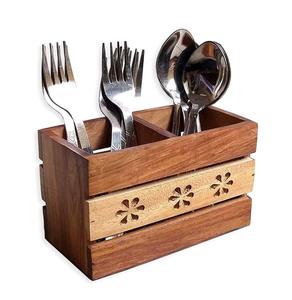 Boîte à couverts en bois massif antique Emballage en papier serviette personnalisé à double niveau pour la table de cuisine à domicile Porte-cuillère en bois - Product Image 3