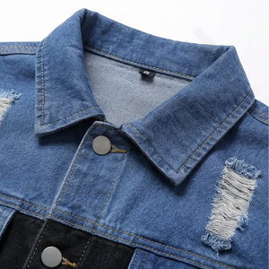 เสื้อแจ็คเก็ตยีนส์ผู้ชายแบบมีกระเป๋า 3 มิติ แต่งรอยขาด ซ่อมแซมรอยขาด ผ้าฝ้ายสีพื้น สไตล์เรโทร แฟชั่นสตรีทแวร์ - Product Image 4