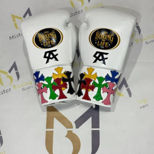 Gants de boxe blancs personnalisés Pas de boxe Pas de vie Chrome Heart Design Équipement d'entraînement professionnel Gants d'entraînement en PU/cuir de qualité supérieure - Product Image 1