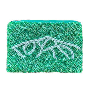 Bolsa Mini con Cremallera, Diseño de Montaña Exclusivo con Bordado Único en Verde y Blanco con Cuentas, Estilo Hecho a Mano de la India - Product Image 1