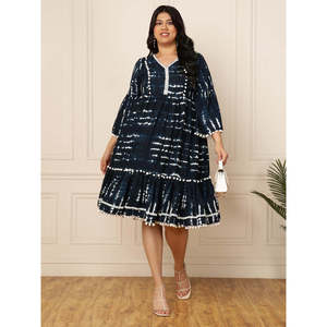 Vestido Deebaco para Mujer, Talla Grande, Azul Marino, Tie Dye, Cuello en V, Manga Farol, Adorno de Pompones, Estilo Bohemio, Largo hasta la Rodilla, Estilo Western - Product Image 1