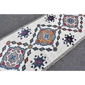 Respaldo de látex ecológico de estilo tradicional blanco y azul de lana turca vintage - Product Image 5