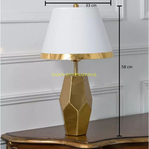 Golden Geometric Faceted <b>Table</b> Lamp With White And <b>Gold</b> Fabric Shade Modern <b>Bedside</b> Nightstand Light For Bedroom And Office - Product Image 2