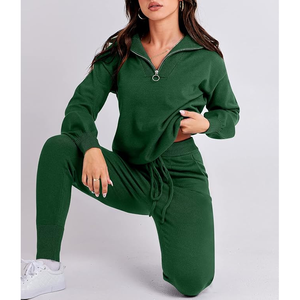 Conjunto de 2 piezas, pantalón largo y cuello con cremallera, chándal para mujer, 100% de algodón, estilo informal para invierno, conjunto de chándales - Product Image 6