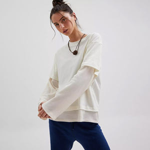 Camiseta de gran tamaño para mujer con mangas en capas, dobladillo de tela de gofre en contraste, ropa de calle informal, Camiseta de algodón 100% holgada a la moda - Product Image 1