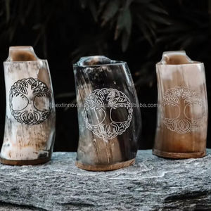 Taza de café con cuerno vikingo de alta calidad, recipiente pulido con Base de madera para mesa de cocina para beber - Product Image 1