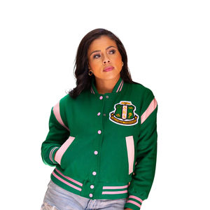 Veste universitaire de style Ivy League, veste bomber verte et rose avec patch pour femmes, look de sororité, respirante avec OEM - Product Image 1