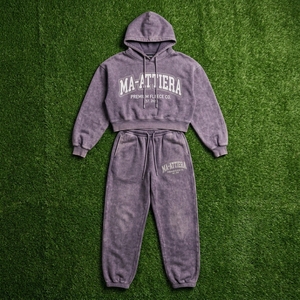 Conjunto de Sudadera Corta Morada Lavada y Pantalones Jogger de Pierna Ancha para Mujer, de Algodón y Felpa, Estilo Urbano, Venta al por Mayor OEM - Product Image 6