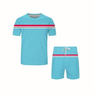 Summer Men's Casual Breathable <b>Knitted</b> Cotton Blend 2-Piece Tracksuit <b>Set</b> Top + Shorts - Product Image 1