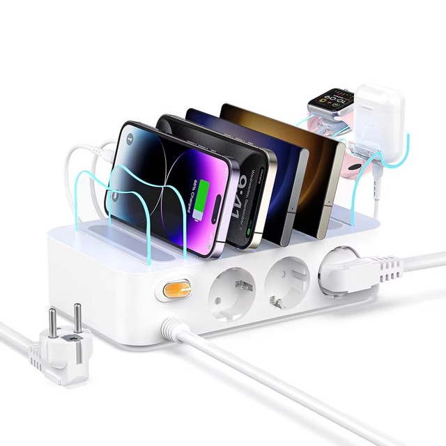 6 Ports Usb Charger Desktop Organizer 60W Docking Station Multi Port Usb Charging Station with 3 AC Outlets for Bedroom Office