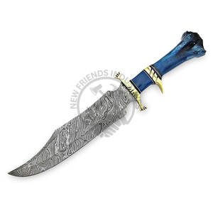 Couteau Bowie en Acier Damas en Gros, Lame Fixe Tranchante, Ambidextre, Manche Exotique en Os de Chameau, Étui Inclus, Couteau de Chasse et de Camping - Product Image 1