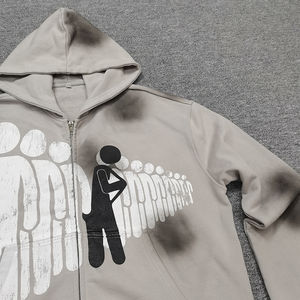 เสื้อฮู้ดดี้ทรงบ็อกซี่แบบซิปสำหรับผู้ชาย คุณภาพสูง ลวดลายพ่นสีแบบแอซิดวอช แต่งรอยขาด ปักตัวอักษร พิมพ์ลายสกรีน - Product Image 2