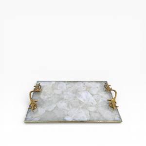 Plateau décoratif en résine de style agate vert et or irrégulier avec motif de cristal artistique et poignées transparentes - Product Image 3