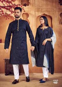 Most Selling Heavy Jacquard <b>Silk</b> With Weaving Jacquard Butti with Sequence Couple Kurta Set With Dupatta - Product Image 6