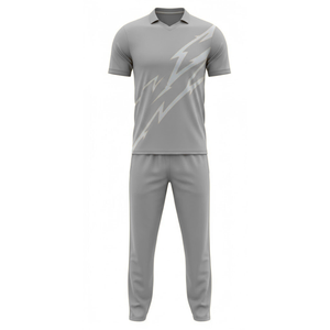 Conjunto de Uniforme de Cricket Personalizado para Hombre |   Conjunto de Jersey y Pantalón Gris Sublimado con Diseño Gráfico de Rayo Plateado - Product Image 1