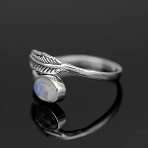 Adjustable Oval Cut <b>Moonstone</b> Leaf <b>Ring</b> in Sterling Silver with Bezel Setting for Wedding & Party - Product Image 5