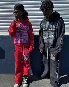 Personalizado de alta calidad Streetwear Zip up Heavyweight Oversized Mens Hoodie Parche desgastado Bordado Pantalones de chándal y Sudadera con capucha Set - Product Image 1