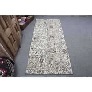 Vintage Turkish Accent Rug 2.7x6.5 ft, White <b>Brown</b> Animal Print <b>Wool</b> Rug - Product Image 1