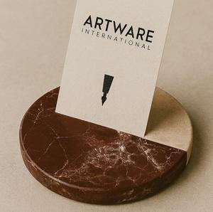 Porte-cartes et billets en marbre bicolore, présentoir rond en pierre de Lavento marron beige pour événements d'affaires, table de bureau - Product Image 1