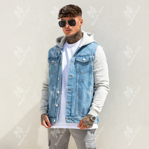 Veste en jean décontractée pour homme avec logo personnalisé, doublure en polaire de coton, fermeture à boutons en corne, respirante, coupe-vent, à capuche, toutes tailles - Product Image 3