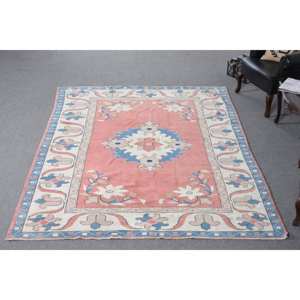 Alfombra clásica de lana de retazos rosa y azul de 6,3x9 pies, alfombra de tejido turco para sala de estar, respaldo de látex con diseño de rompecabezas rectangular - Product Image 1