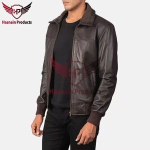 Mens Real Dark Brown <b>Leather</b> Bomber <b>Jacket</b> Shirt Collar Zip Front Sheepskin Coat Chest Seam Ribbed Hem Custom <b>Winter</b> Outerwear - Product Image 2