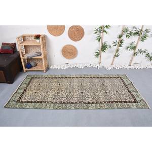 Alfombra de lana de retazos beige y verde tradicional vintage de 34x73 pies con respaldo de látex - Product Image 1