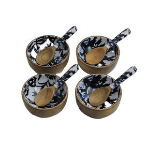 Juego de 3 piezas de cuenco para servir de madera de Acacia con estampado esmaltado, cuenco de madera para servir comida de diferentes tipos, cuenco de madera para restaurante y boda - Product Image 3