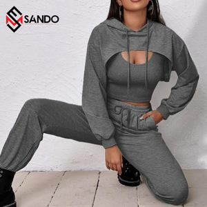 Ensemble pyjama 3 pièces, logo personnalisé, streetwear, sweat à capuche super court, pour femmes, collection 2020 - Product Image 2
