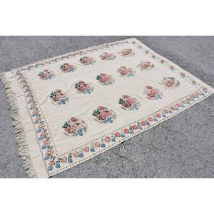 Traditional Beige Vintage Turkish <b>Rug</b> 5.6 X 7.2 ft Patchwork Design Wool Viscose for Entryway <b>Bedside</b> Rectangle Shape Latex - Product Image 2