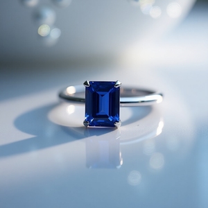 Anillo solitario de zafiro azul corte esmeralda Platino, joyería fina personalizada clásica, anillo de compromiso de lujo - Product Image 2