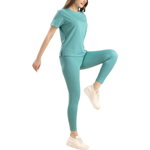 Conjunto Deportivo Informal para Mujer, Color Verde Azulado, Manga Corta, Cuello Redondo, Leggings Transpirables, Ligeros, de Color Sólido, para Verano, Marca INDEX APPAREL - Product Image 3