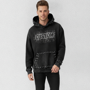 Sweat-shirt à capuche noir délavé pour homme, imprimé pailleté, poche ornée de strass, coupe décontractée oversize, style décontracté - Product Image 1
