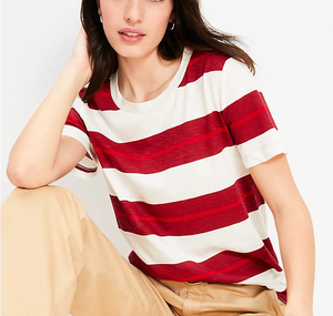 Camiseta clásica Regular 100% de algodón a rayas para todos los días con cuello redondo de manga corta para mujer - Product Image 1
