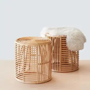 Wholesale Handcrafted Round Rattan Stool Natural Rattan Ottoman For Home Decorative Side Table For Bedroom And Living Room