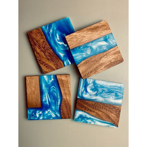 Wholesale Set Of 4 Square River Design <b>Drink</b> <b>Coasters</b> Handmade Blue Resin And Wood <b>Coaster</b> For Table Protection & Home Decor - Product Image 1