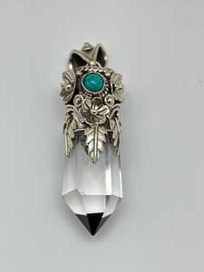 Handcrafted Quartz <b>Crystal</b> Point <b>Pendant</b> Tibetan Silver With Turquoise Gemstone Ethnic Floral Style Jewelry - Product Image 5