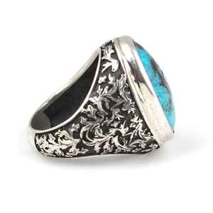 Anillo Ovalado Grabado a Mano en Plata de Ley 925 para Hombre, Piedra Turquesa Genuina, Certificado GRS, Joyería Artesanal, 15 Gr, Turquía - Product Image 4