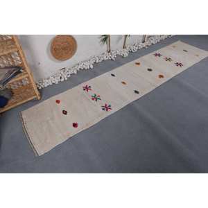 Alfombra turca Vintage moderna con patrón geométrico blanco (2,2x9,8 pies) Material de lana de látex para decoraciones de sala de estar para adolescentes - Product Image 2
