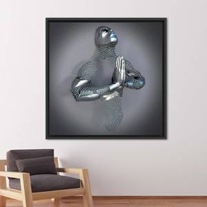 Art mural futuriste avec figurine en prière, impression sur toile métallique moderne, encadré noir - Product Image 1
