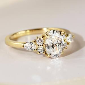 10x8mm Oval Cut Moissanite Engagement Ring | Pear & Round Side <b>Stones</b> | Gold Silver Bridal Wedding Fine Jewelry OEM - Product Image 4