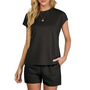 Camisetas con hombros caídos para mujer, conjuntos de pantalones cortos, camisetas deportivas para correr, conjuntos de camisetas de manga corta con logotipo personalizado, conjuntos de pantalones cortos de algodón - Product Image 1