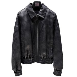 Chaqueta de Cuero Negra Tejida a Mano, Abrigos de Cuero Genuino de Oveja, Chaqueta de Cuero Extra Grande para Mujer - Product Image 1