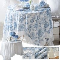 Nappe ronde à volants avec imprimé floral bleu, motif botanique, pour mariage, réception, salle à manger, vente en gros