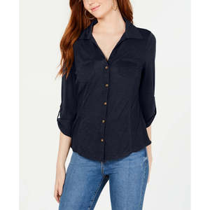 Camicia Crave Fame Junior in popeline blu navy con maniche arrotolate e bottoni sul davanti, taglia XS, elemento di moda semplice. - Product Image 1