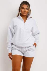 100 % Cotton <b>Grey</b> Marl 2 Piece <b>Women's</b> Half Zip Sweatshirt & <b>Shorts</b> Tracksuit Set <b>Women</b> Breathable Tracksuit Set Two Piece Set - Product Image 3